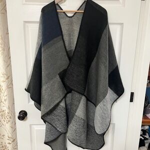 Gray Block Poncho Cape Shawl Cover‎ Up Oversized Lightweight Winter